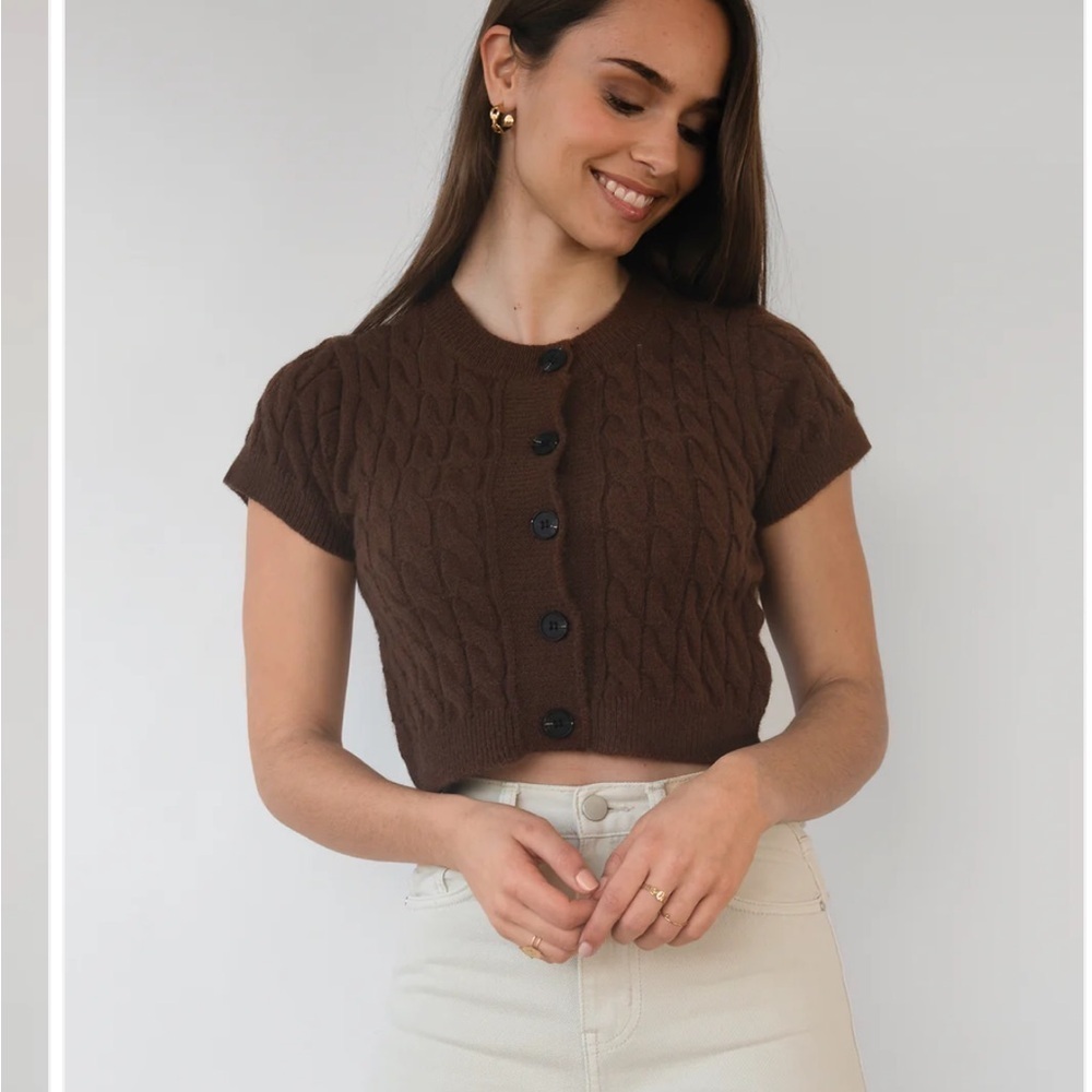 Ann Taylor LOFT mocha brown cable knit short sleeve button up sweater shirt L - Picture 5 of 11